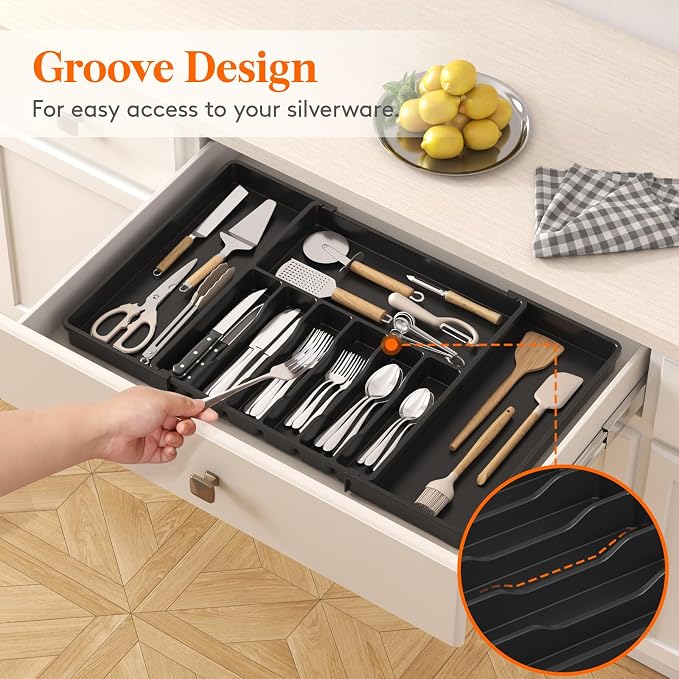 Lifewit Extra Large Silverware Drawer Organizer, Expandable Utensil Tray | BPA Free Flatware Cutlery Holder for Kitchen, Adjustable Plastic Storage for Spoons Forks Knives, 17- 30 x 18.5", Black - Image 9