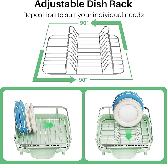 SNTD Expandable Dish Drying Rack for Kitchen Counter, 15.2-22.1 in, Green | Rust-Resistant Stainless Steel, Protective Side Rails, Self-Draining Drainboard, Removable Utensil Holder - Image 7