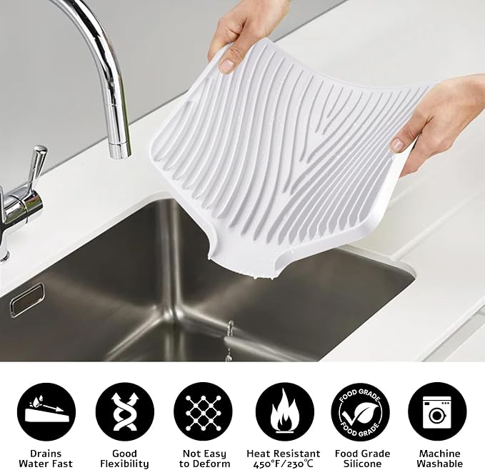 TIKNIK Silicone Dish Drying Mat for Kitchen Counter, White-2pcs, 16" x 12" | Heat Resistant & Non-Slip Dish Drain Pad with Built-In Drain, Dishwasher Safe, Quick-Dry, Hangable & Roll-Up for Storage - Image 5