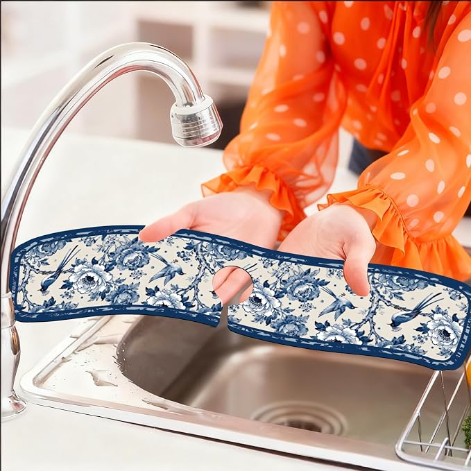 2 Pcs Kitchen Sink Splash Guard Faucet Mat Vintage Porcelain Flowers and Birds Pattern Faucet Mat for Sinks Absorbing Drying Mat for Kitchen Bathroom, 23.6x5.5inch - Image 6