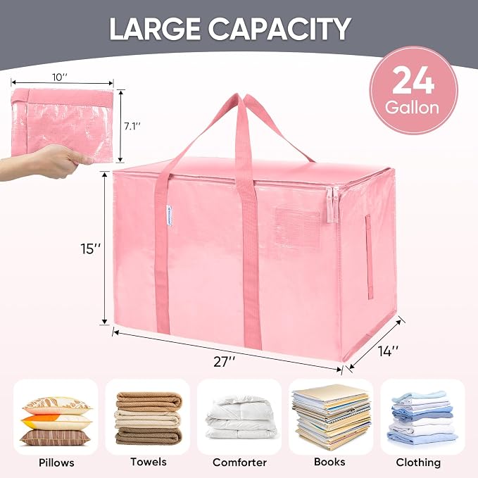 TICONN 8 Pack Extra Large Moving Bags Heavy Duty with Zippers & Carrying Handles, Durable Storage Bags Moving Boxes for Closet Organizers and Storage (8 Pack, Coral) - Image 5