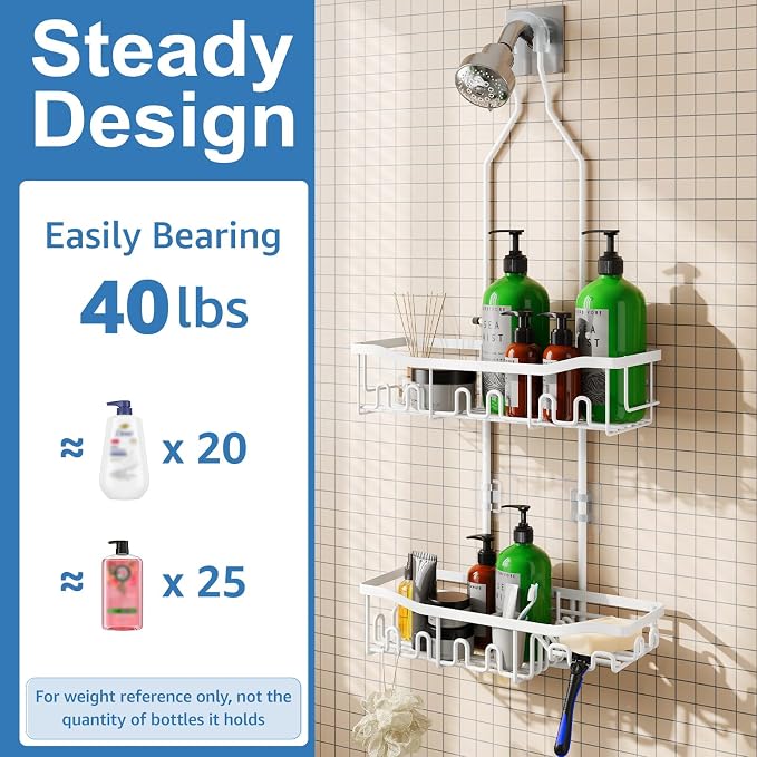 Upgraded Extended Length Shower Organizer with Hooks, Rustproof Shampoo Soap Holder, Large Hanging Bathroom Caddy, White - Image 5
