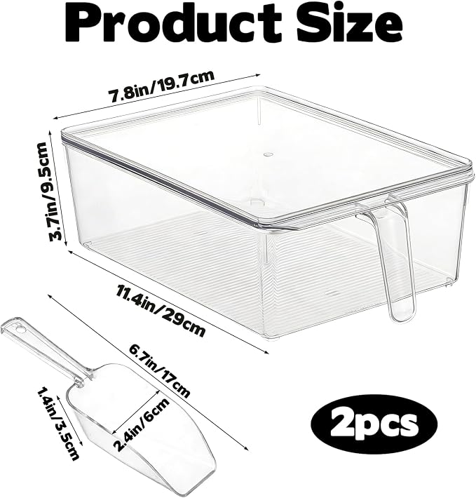 2 Set Large Ice Bin for Freezer with Lid and 2 Scoop Set, Plastic Freezer Ice Bin with Pull-Out Handle Clear Storage Bucket Kitchen Food Storage Organizer for Home Office Fridge Kitchen - Image 2