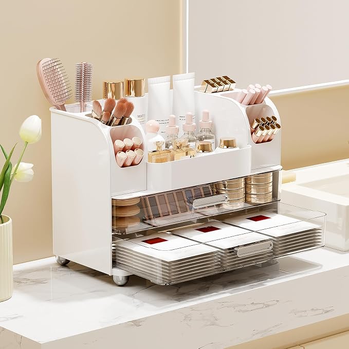 UFORU Makeup Organizer Countertop with 2 Large Drawers for Vanity Bathroom | Brush Holder, Large Capacity, Thickened Plastic, Compact Footprint, Space-Saving Design, Easy Clean, Ideal for Dorm Rooms - Image 2