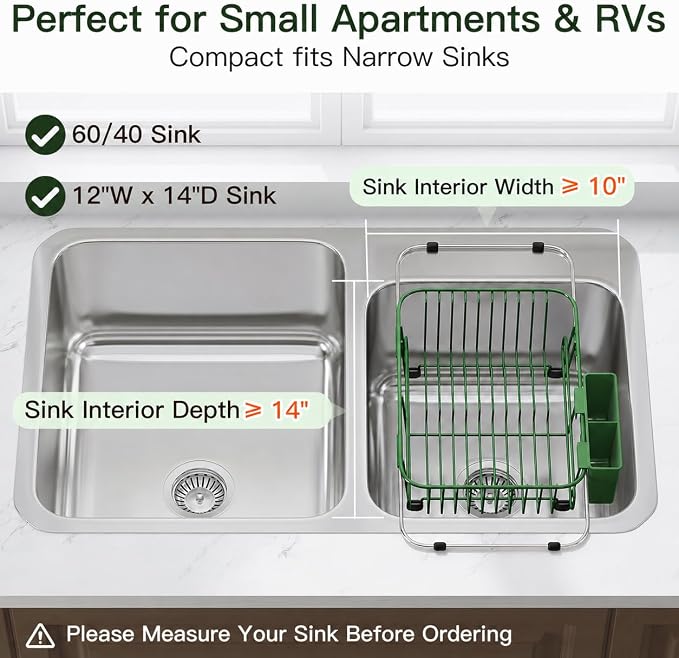 JASIWAY Green Dish Drying Rack in Sink with Utensil Holder, RV, Apartment | Over Sink Expandable Stainless Steel Dish Drainers for Compact Kitchen, Space Saving, Fast Drain, Rustproof, For 1-2 people - Image 3