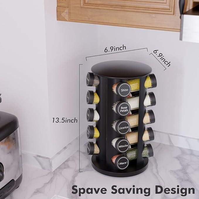 Revolving Spice Rack Set with 20 Spice Jars, Kitchen Spice Tower Organizer for Countertop or Cabinet - Carousel Storage Includes 386 Spice Labels (Black) - Image 4