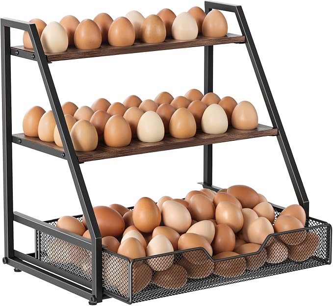 3-Tier Wooden Egg Holder with Basket, Holds 130+ Eggs | Sturdy wooden egg holder, holds 36+90 eggs, carry handle for easy gathering & transport. by Unknown
