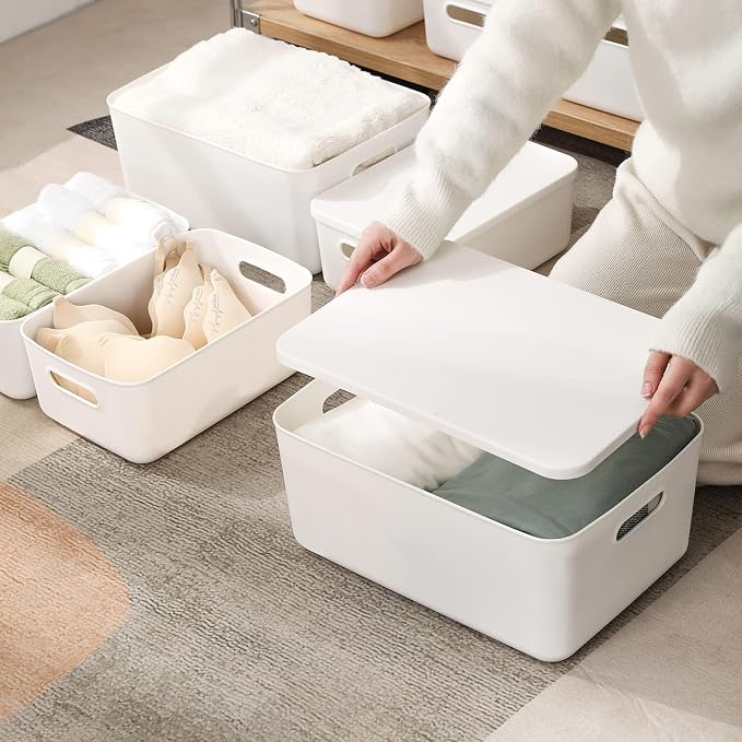 Set Of 4 Plastic Storage Bins,13.8×10×3.3 inch Versatile Kitchen Pantry Organization and Storage,for Plastic Storage Container Under Bed,Under Sink Bathroom Organizer (White, 4 XM) - Image 4