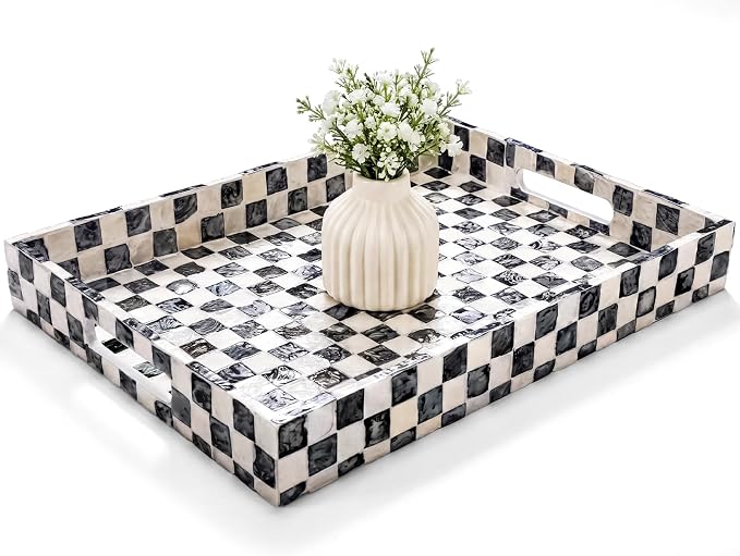 Reallnaive Mother of Pearl Lazy Susan for Table Turntable Organizer Marble Patterned Lazy Susan Wood Spinning Tray Rotating for Kitchen Cabinet Spice Pantry 12 Inch(Square,Black White Checkerboard) by Reallnaive