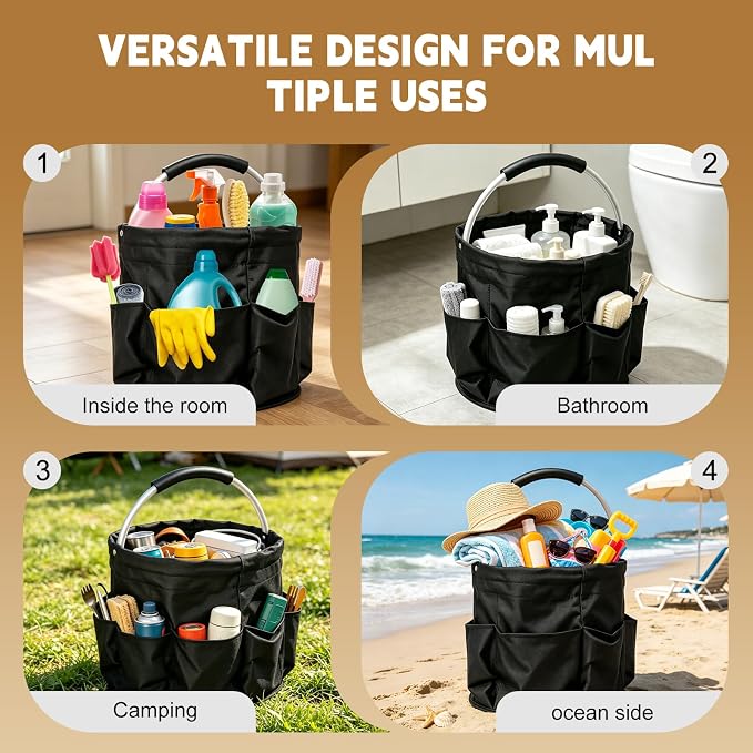17L Cleaning Caddy with Handle, Foldable Cleaning Supplies Organizer, Portable Storage Bucket Bag for Home & Garden (Black) - Image 4