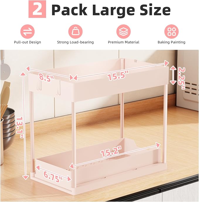 Simple Trending Under Sink Organizer 2 Pack, with Sliding Drawer, Pink | 2-Tier Multi-Use Under Shelf Organizer with Hooks, Sink Pull-Out Sliding Storage Cabinet for Kitchen Bathroom, Easy Assembly - Image 2