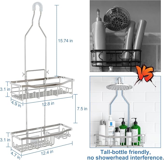 Upgraded Extended Length Shower Organizer with Hooks, Rustproof Shampoo Soap Holder, Large Hanging Bathroom Caddy, Silver - Image 2