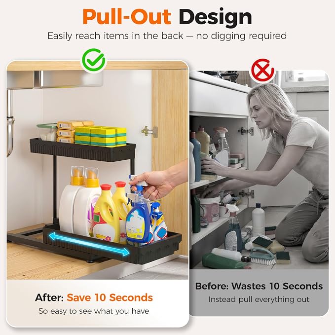3-Pack 2-Tier L-Shaped Under Sink Organizers with Sliding Drawers | Multi-use kitchen & bathroom storage, 12.85 inch black cabinet organizer, space-saving sliding drawer design. - Image 4