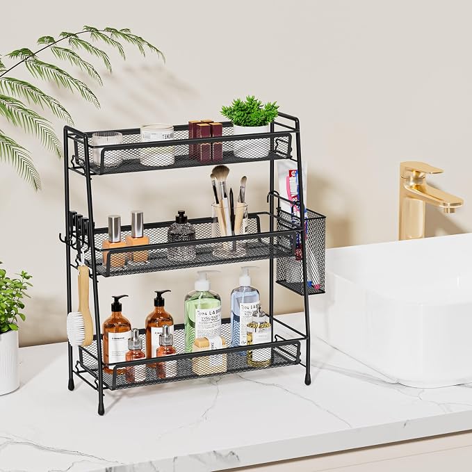 VITVITI 3 Tier Bathroom Organizer Countertop, Counter Storage Shelf, Black | Metal Wire Mesh Bathroom Counter Organizer with Basket Hooks, Vanity Tray, Kitchen Spice Rack - Image 2