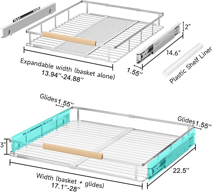 2Pack Expandable Pull Out Cabinet Organizer, 17.1"-28.1" W x 22.5" D | Stainless Steel Slide Out Drawers, Heavy Duty Drawer Slides, For Kitchen Cabinets Pantry Cupboard, Adjustable Width - Image 2