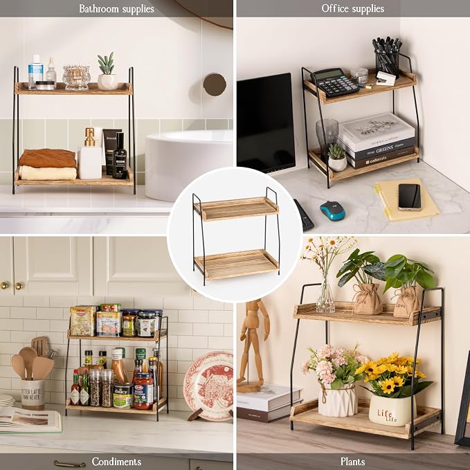 ANBOXIT Countertop Coffee Station Organizer, 2 Tier Wooden Shelf for Coffee Bar Accessories, Condiment Storage Caddy for Kitchen, Home, Office - Brown (Pack of 2) - Image 6