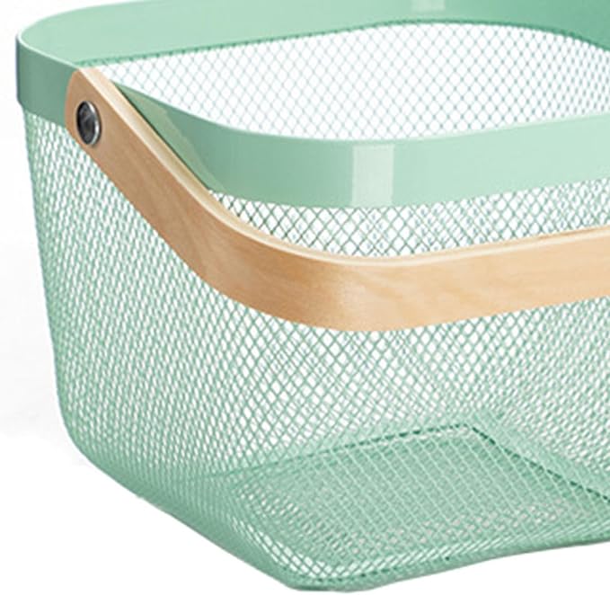 AJIODA Metal Mesh Steel Basket, Storage Organizer Basket Multi-functional Hanging Kitchen Baskets Fruit Basket with Wooden Handle for Kitchen Bathroom Picnic Shopping Decor Cabinet Home, Macaron Blue - Image 4