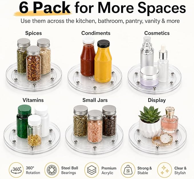 6 Pack 6 inch Small Lazy Susan, Lazy Susan Turntable Organizer, 360 Degree Round Rotating Tray for Spice Rack, Bathroom Vanity, Kitchen Cabinet and Countertop Storage - Image 3