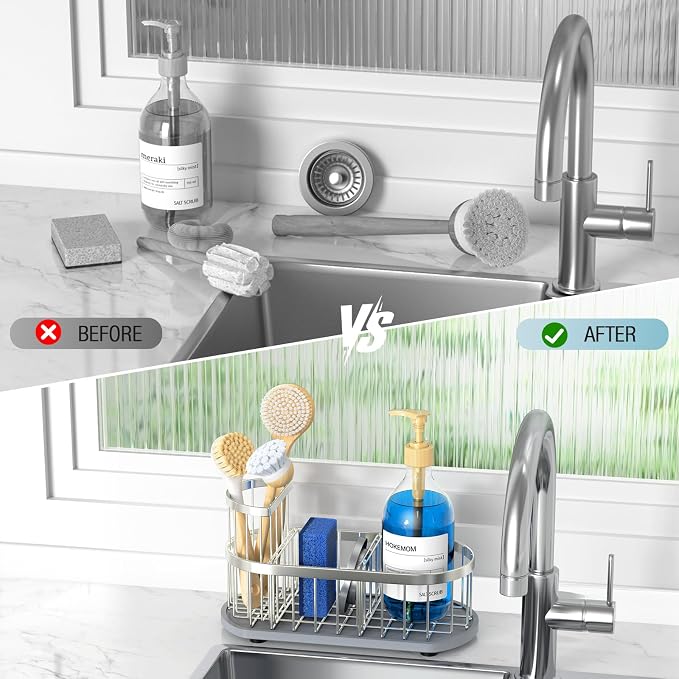 Sink Caddy Kitchen Sink Organizer, Sponge & Brush Holder, Stone Drying Mat | Space-Saving Sink Sponge Holder with Full-Size Tool Storage, Fits Most Sinks, Kitchen Sink Accessory and Countertop Organizer - Image 6