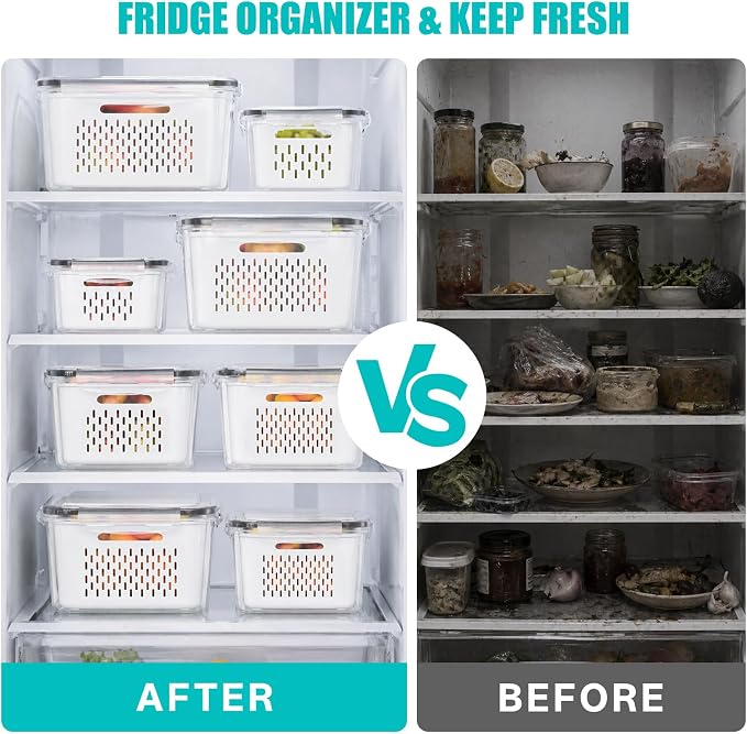 HOMETALL 8 Pack Fruit Storage Containers for Fridge with Strainer, BPA Free Fruit Cleaning Bowl Fridge Organizer, Plastic Fresh Keeper Set Refrigerator Organizer for Salad Berry Produce - Image 8