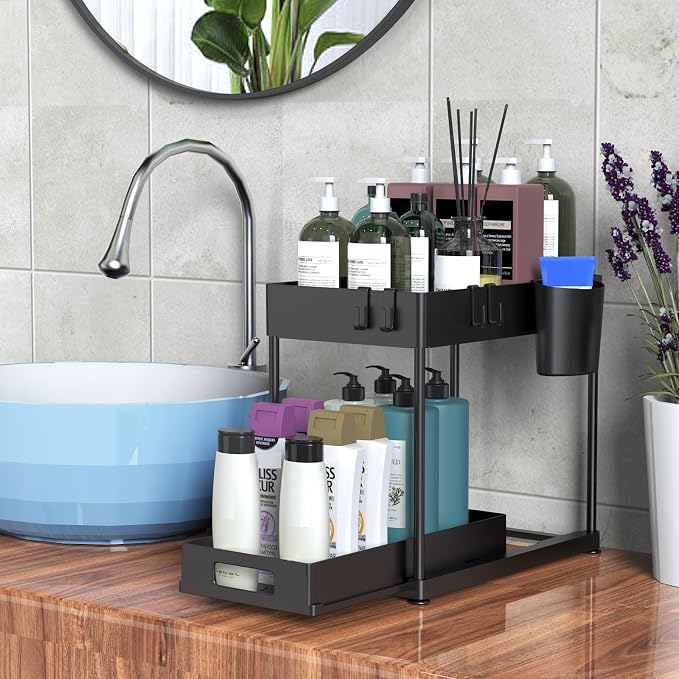 2 Pack Under Sink Organizer with Pull-Out Drawer, Black | 2-Tier Cabinet Storage, Kitchen & Bathroom, Tool-Free Assembly, Fits Cleaning Supplies & Toiletries, Space Saving - Image 6