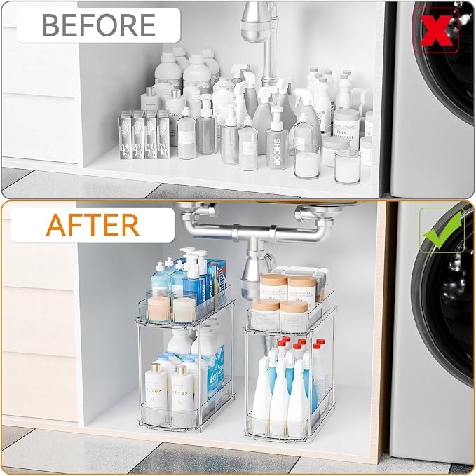 2 Pack 13.8″ Deep 2 Tier Under Sink Storage Organizer,Large Pull Out Bathroom Organizers and Storage,Slide Out Acrylic Undersink Storage Shelf,Kitchen Under Sink Organizer for Cleaning Products - Image 6