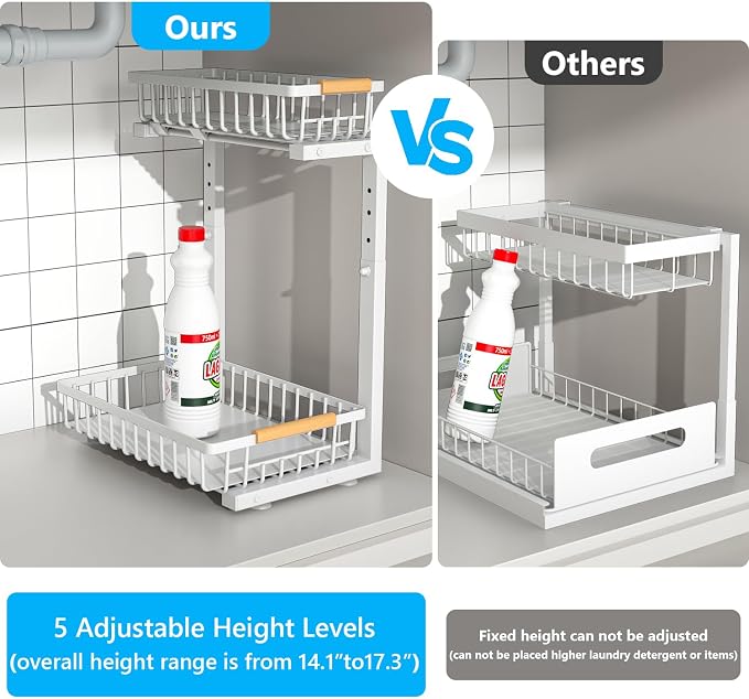 Merrylun Under Sink Organizers,5 Adjustable Height，Metal Pull Out Under Sink Organizers and Storage Shelves with Sliding Drawer, White 1pack（Hight 13.6″-16.9″） - Image 4
