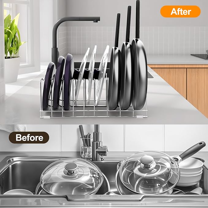 FLSEPAMB Pot Lid Organizer Pan Lid Organizer Kitchen Pot Lid Rack Suitable for Bakeware Dish Plate, Cutting Boards, Pots & Pans, Serving Trays, Reusable Holder (2 Pack) - Image 3