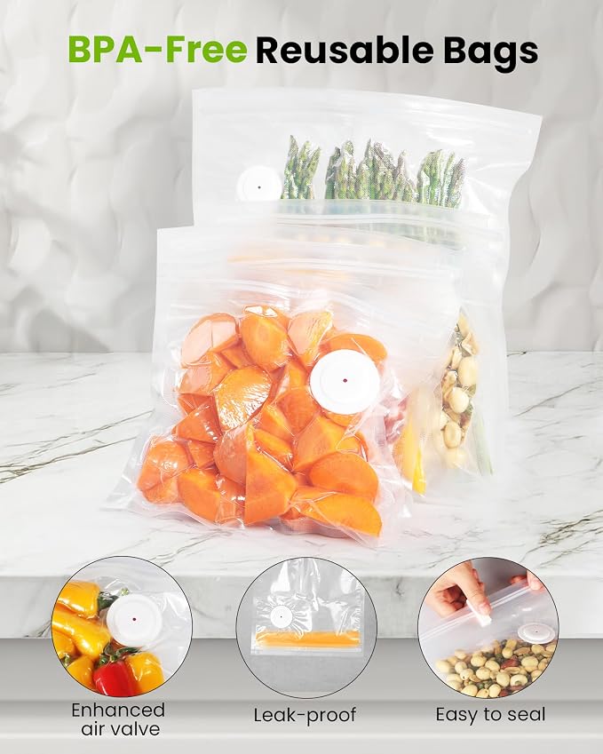 FEPPO Vacuum Sealer for Food with Visible Water Tank, Handheld Saver Compact Vacuum Sealer Machine with 30 Reusable Bags for 6X Preservation & Fresh, White - Image 5