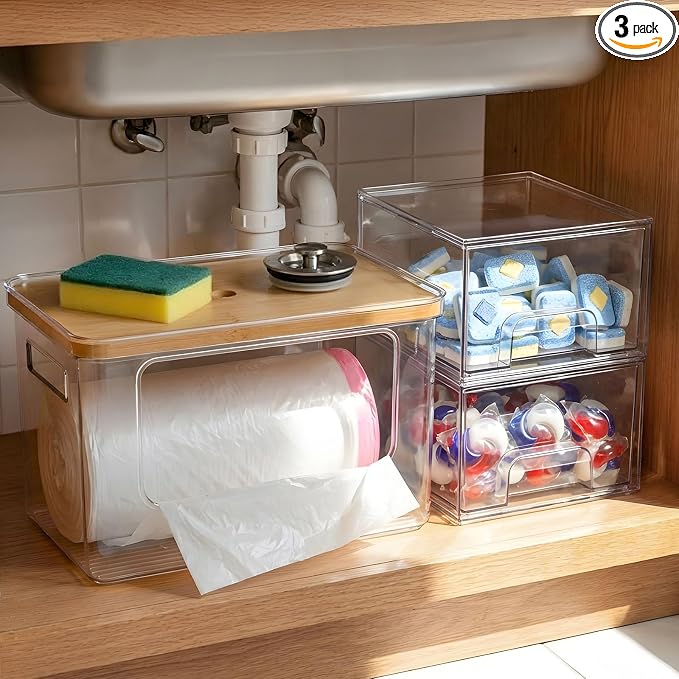 Hudgan Under Sink Organizers 3 in 1, Stackable Acrylic Bathroom Storage, Trash Bag Dispenser and Dishwasher Pods Holder for Kitchen and Laundry Room Organization by HUDGAN