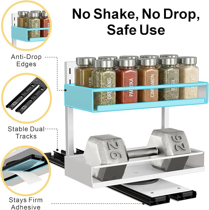 Vertical Spice Rack Pull Out - 1 Pack Spice Organizer for Cabinet | For Flat-Front Cabinets Only, Pull-Out Rotating Access, No-Drill Mount, Keeps Spices Visible Easy to Reach, Adjustable Height - Image 7