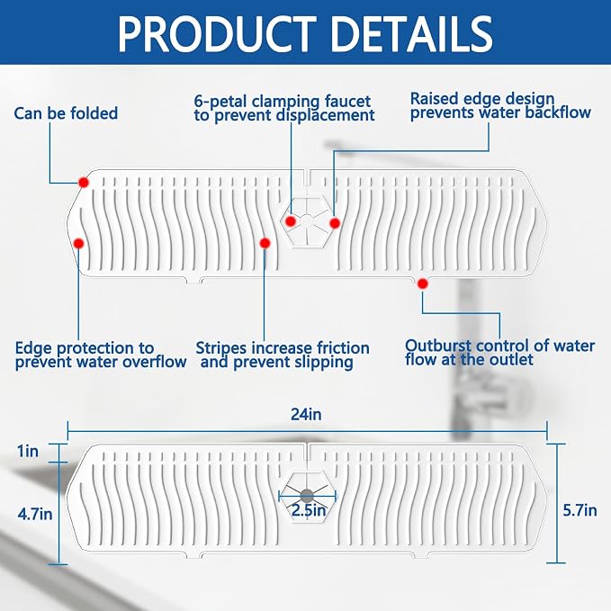Kitchen Sink Splash Guard-24 x 5.8'' Ultrathin Silicone Sink Mat Splash Guard fit for Countertop, Bathroom,Farmhouse,RV (White) - Image 2