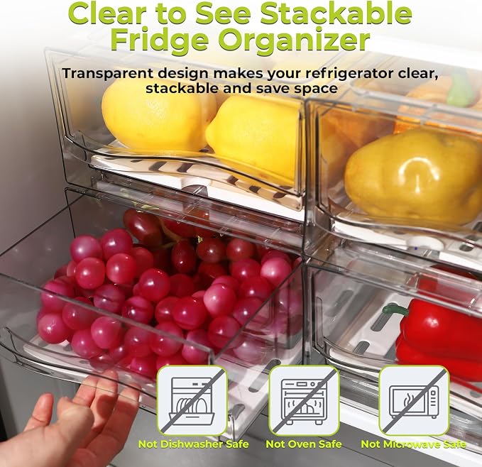 4Pack Fridge Organizer, Stackable Refrigerator Organizer Bins | Reusable Food Storage Containers, BPA-Free with Drain Tray for Kitchen, Refrigerator, Pantry (4 Drawers, Large, Medium) - Image 7