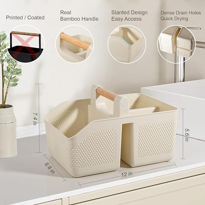 Plastic Shower Caddy Portable Shower Basket with Bamboo Handle, Cream | Cleaning Caddy Organizer Storage Tote for Bathroom, College Dorm Essentials, Bath Toy Storage - Image 3