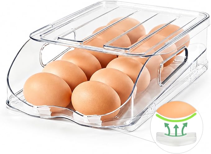 SMRCAD 12-Egg Dispenser with Silicone Bumpers, Auto-Rolling, Stackable | BPA-free food-grade PET | Stackable with lid | Built-in handle | Fits Large to Jumbo Eggs | Hand wash only by SMRCAD