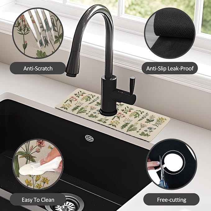 15" X 5.5" Kitchen Sink Splash Guard Faucet Mat Floral Super Absorbent Fast Drying Faucet Guard & Draining Mat Sink Splash Guard Behind Faucet for Kitchen, Bathroom - Image 4