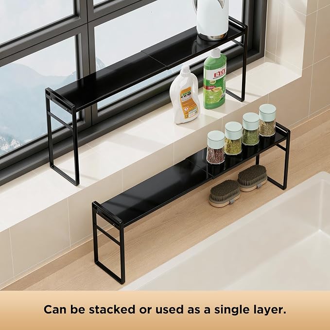 2 Tier Expandable Stackable Narrow Shelf Organizer, Black | Tall Countertop Organizer for Tight Spaces, Windowsill Plant Stand, Over-Sink/Faucet Shelf, Kitchen Counter Storage - Image 4