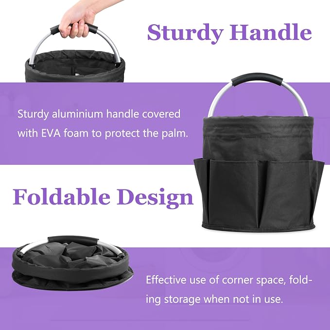 17L Cleaning Caddy with Handle and 6 Pockets, Foldable Cleaning Supply Caddy, Portable Shower Caddy in 600D Oxford Fabric, Multifunctional Storage Basket for Camping, Gardening, Black - Image 7