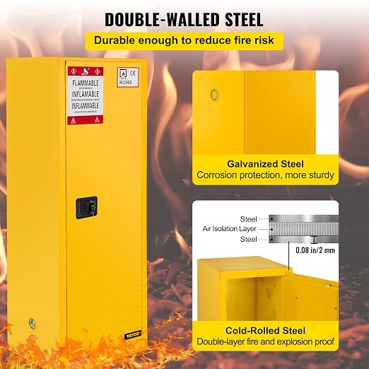 VEVOR Flammable Cabinet, 18" x 18" x 35", Yellow | Galvanized Steel, Safety Cabinet, Adjustable Shelf, Commercial, Industrial, Home Use - Image 5