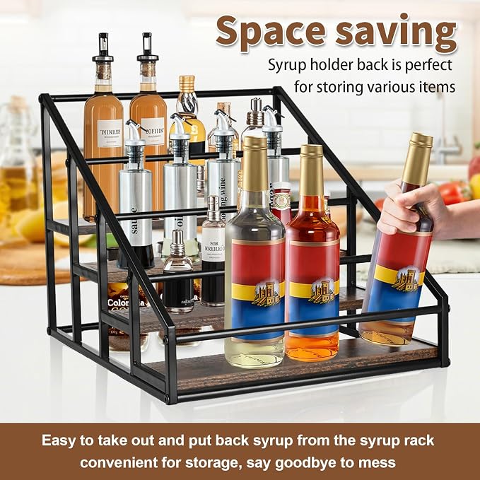 YQBRAO 4-Tier Coffee Syrup Organizer, 16-Bottle Rack, Rustic Brown | Holds up to 16 bottles with stepped visibility; rustic wood and metal design for syrups, kitchens, and home coffee bars. - Image 6