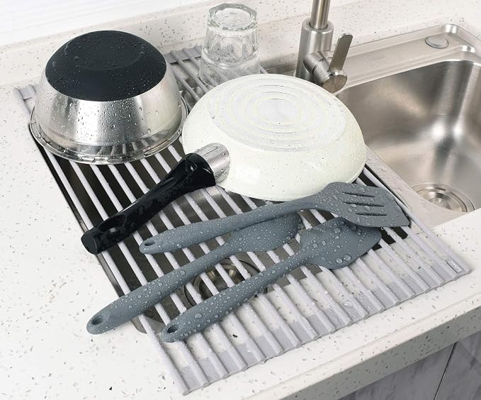 17.5 x 13.1 Inch Roll-Up Dish Drying Rack, Fits Across Sink Openings up to 16.5 Inches, Heavy-Duty Premium Silicone, Strong Support, Non-Slip, Heat-Resistant, Warm Gray - Image 3