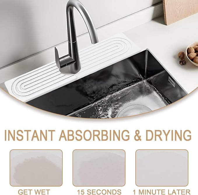 Jiozermi 23.6" Diatomite Faucet Mat for Kitchen Sink, White | Diatomite Stone Sink Tray, Faucet Sink Splash Guard, Absorbent Mat, For Kitchen Bathroom Faucet Sink, 23.6" x 3.9" - Image 4