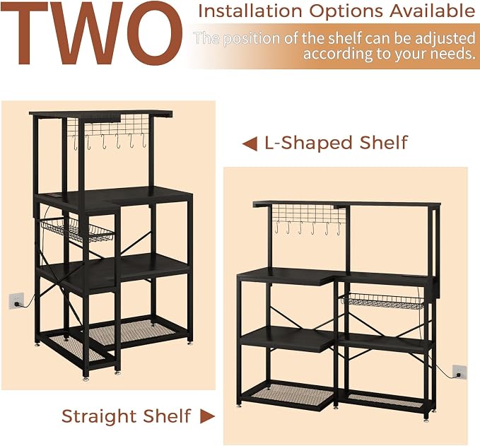 4-Tier L-Shaped Baker's Rack with Power Outlet,Corner Coffee Bar,Black | Kitchen Appliance Storage, Pull Out Basket, 6 Hooks and Flexible Installation Options for Kitchen, Balcony, Living Room - Image 4