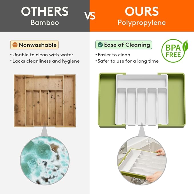 Lifewit Extra Large Silverware Drawer Organizer, Expandable Utensil Tray | BPA Free Flatware Cutlery Holder for Kitchen, Adjustable Plastic Storage for Spoons Forks Knives, 13-22 x15, Green&White - Image 4