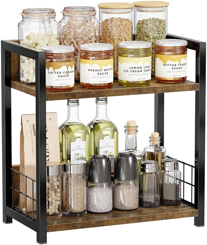 Simple Trending Countertop Shelf Organizer, 2 Tier Kitchen Spice Rack, Coffee Bar Station Storage, for Kitchen Cabinet Bathroom Living Room, Brown, M by SimpleTrending