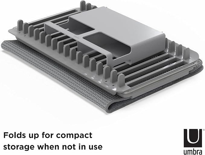 Umbra Udry Dish Drying Rack, Over Sink Foldable, 16 Slots, Dark Grey | Absorbent microfiber mat, arms extend 13 to 22 inches, utensil caddy included, machine washable - Image 6