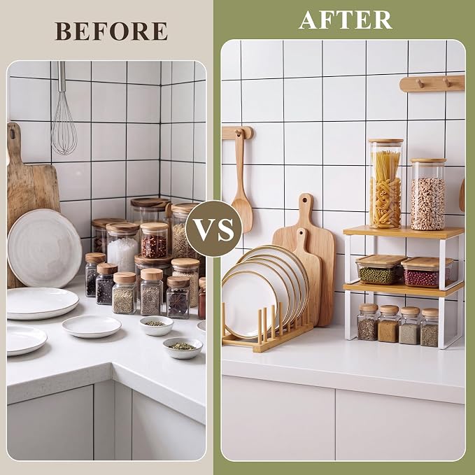 8 Pcs Kitchen Organizer Accessories Set Stackable Cabinet Organizer Shelf and Bamboo Plate Holder Dish Rack for Plates Bowls Pot Lids Cups Glasses Cutting Boards Countertop Storage (White) - Image 3