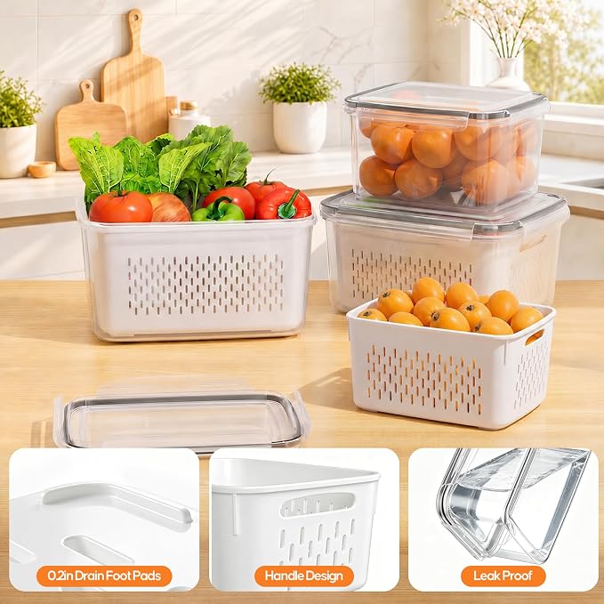 Fruit Storage Containers for Fridge, 3 Pack Plastic Food Storage Container | Produce Storage with Removable Colander, Refrigerator Organizers Keep Fruits Berry Veggie Salad Fresh Longer, Dishwasher Safe - Image 5