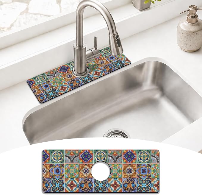 Mexican Ceramic Tile Kitchen Sink Splash Guard Faucet Mat,Faucet Non-slip Absorbent Mat,Farmhouse Sink Splash Guard Behind Faucet for Kitchen Bathroom, 15"x5.5" by puwbnhj