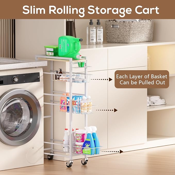 4 Tier Slim Rolling Storage Cart with Pull-Out Baskets, Narrow Sliding Storage Slim Laundry Cart Slim Rolling Kitchen Cart - Image 2
